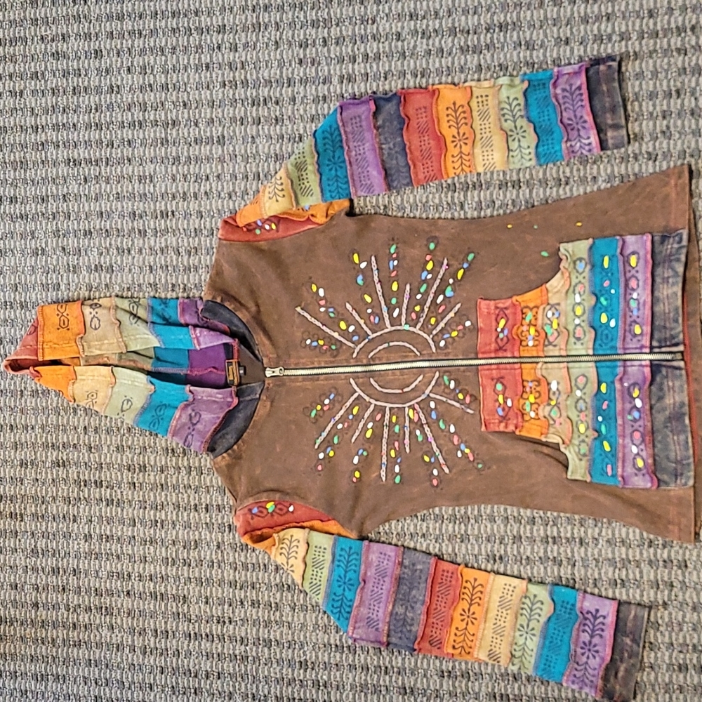 Rising International Size S Zip Up Hoodie Jacket Boho Art Rainbow